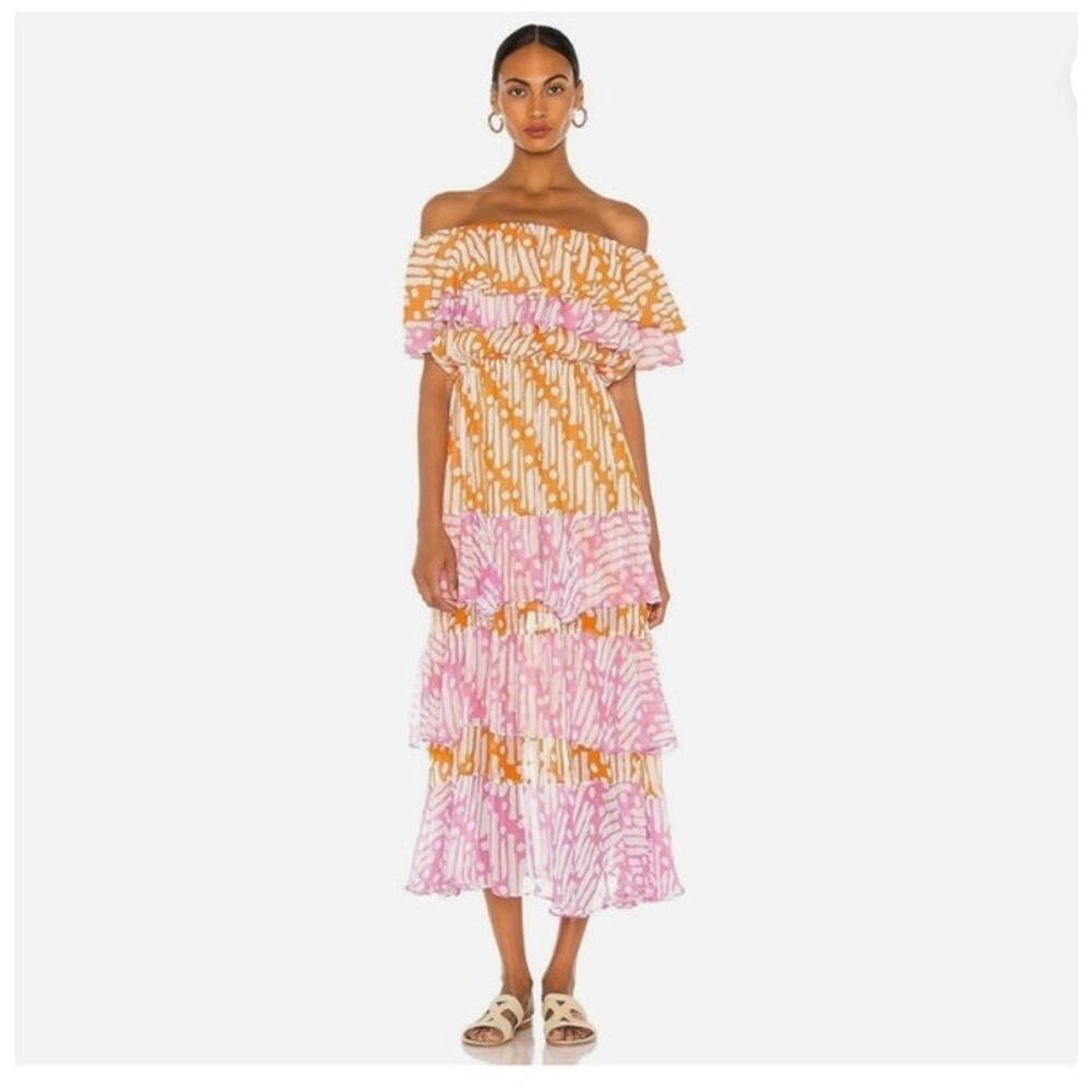 RHODE Ash Maxi Dress Small Orange Pink Batik Tiered Ruffle Boho Resort